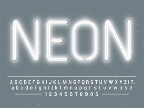 Bright Glowing White Neon Sign Characters Vector Font With Glow Light