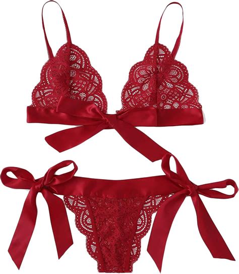 MakeMeChic Women S Lace Lingerie Set Piece Sexy Bra And Panty Underwear Set Red L Amazon