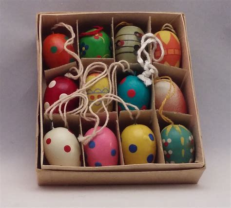 Vintage Set Of 12 Miniature Hand Painted Wood Eggs Vintage Wooden