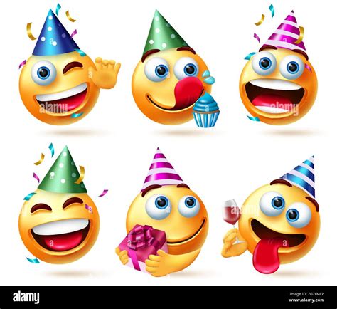 Smileys Birthday Vector Set Smiley Emojis In Party Hats With T