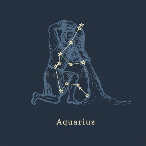 Zodiac Constellation Of Aquarius In Engraving Style Vector Retro