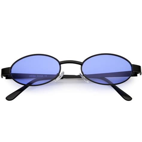 retro small oval sunglasses metal arms color tinted lens 48mm black blue