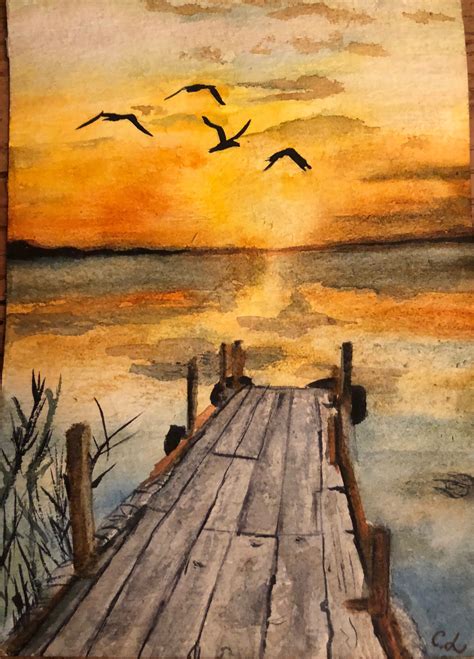 A Watercolor Painting Of A Dock With Birds Flying Over The Water And