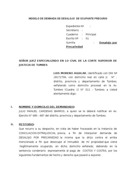 Modelo De Demanda De Desalojo Pdf Demanda Judicial Principios éticos