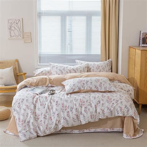 Vclife Cotton Bedding Sets Twin White Beige Floral Duvet