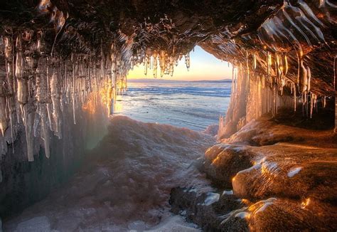Cave Cold Frost Ice Lake Landscape Nature Russia Sunset Water