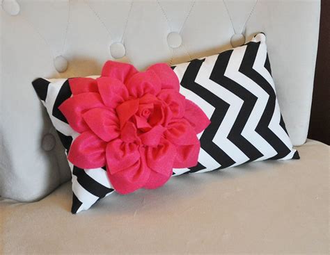 Chevron Lumbar Pillow Hot Pink Dahlia On Black And White Zig Zag Lumbar