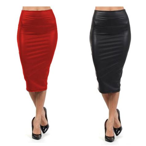 High Waist Leather Skirt Black Red Sexy Pencil Skirts Middle Long