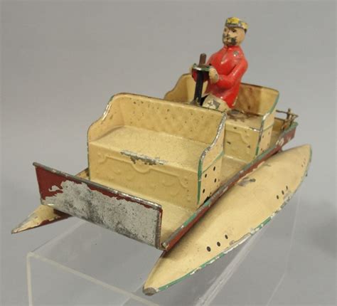 Rare Antique Painted Tin German Key Wind Wind Up Pontoon Boat Toy Pond