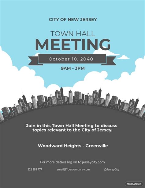 Similarly to those meetings, everybody in a community is invited to attend, voice their oppinion, and hea their responses from public figure. Town Hall Meeting Flyer Template | Template.net