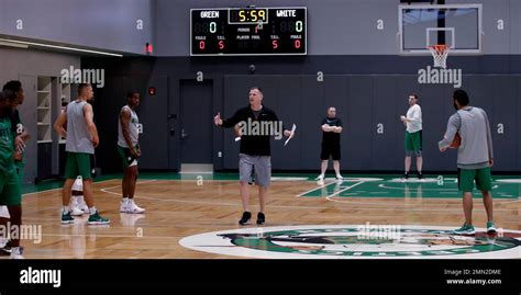 Boston Celtics Assistant Coach Jay Larranaga Center Instructs Players At The Teams Training