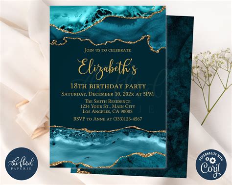 Teal And Gold Birthday Invitation Template Editable Any Age Etsy