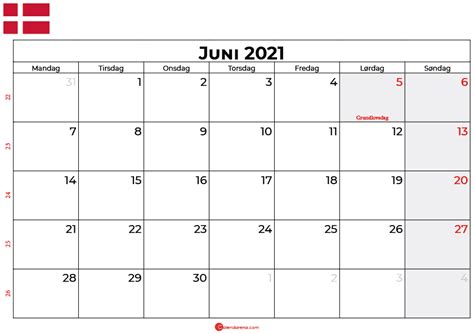 Download Juni 2021 Kalender Med Helligdage Gratis