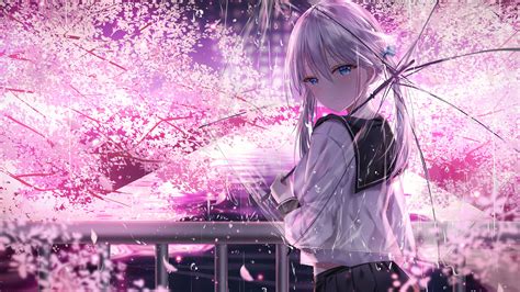 1920x1080 Anime Girl With Umbrella Outdoors Looking Back 5k Laptop Full