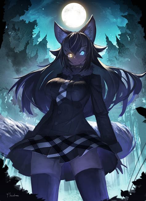 Safebooru 1girl Animal Ears Black Hair Blue Eyes Forest Full Moon Fur
