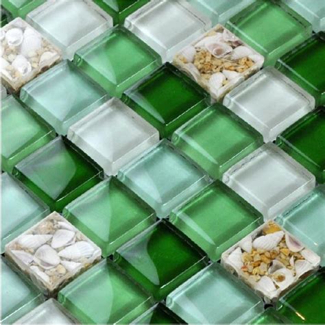 Glass Mosaic Tiles Green Crystal Backsplash Tile Bathroom Wall Glass Conch Tiles Floor Sticker
