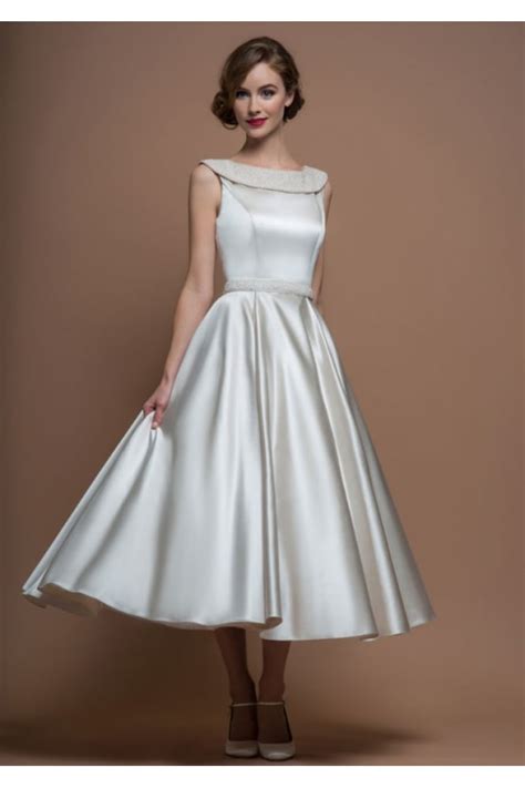 Loulou Bridal Agatha Satin 50s 60s Tea Calf Length Short Wedding Dress