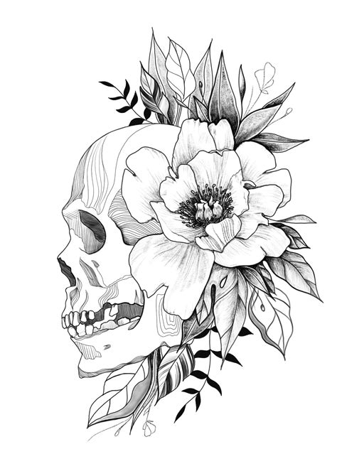 Flowers And Skulls Drawings