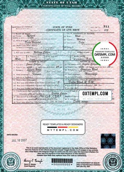 Usa Utah State Birth Certificate Template In Psd Format Fully Editable