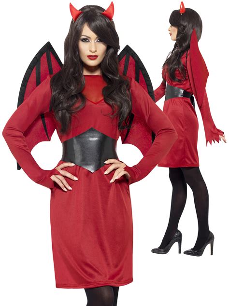 Ladies Red Devil Costume Wings Horns Womens Devil Halloween Fancy