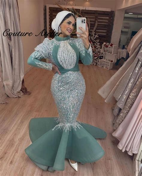 Mermaid Muslim Evening Dresses Sparkly Formal Dress Women Dinner Gowns Wedding Party Gown Long