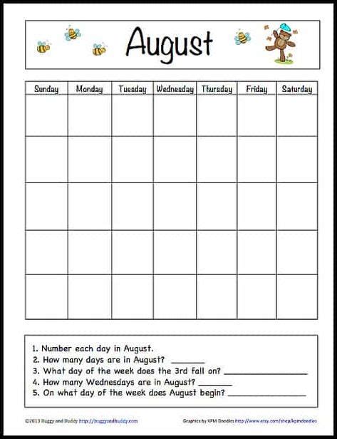 August Learning Calendar For Kids Free Printable In 2020 With Images