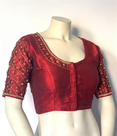 Readymade Indian Designer Plus Size Saree Blouse With Gold Bead Work Ready To Wear Womens Sari