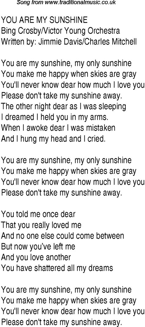 1940s Top Songs Lyrics For You Are My Sunshine