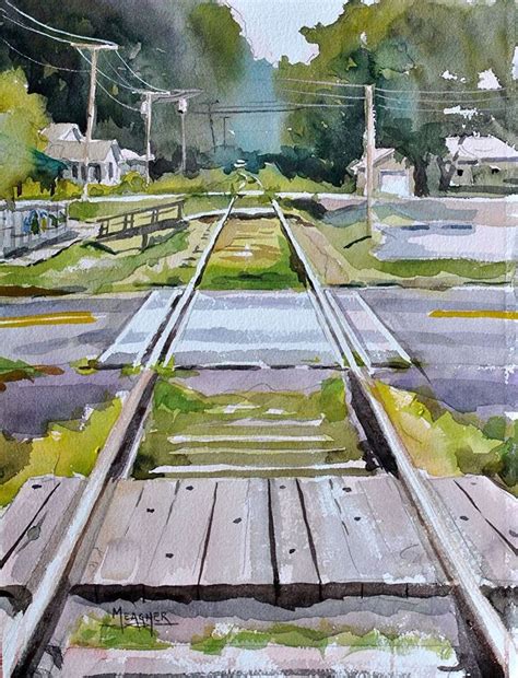 A Watercolor Painting Of Train Tracks And Houses