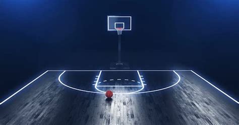 Basketball Field With Basketball Board And Ball On The Floor Stock