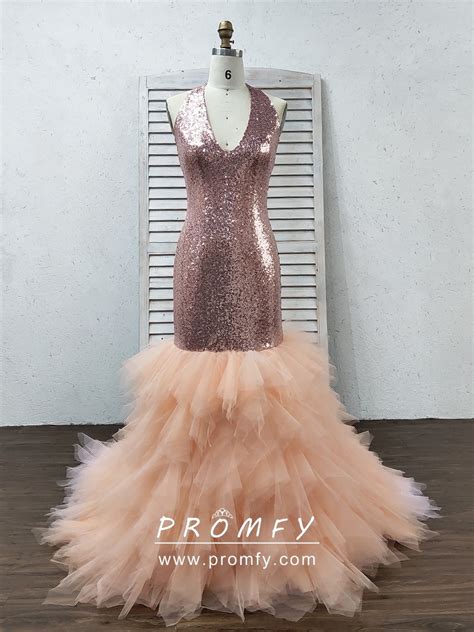 Promfy Rose Gold Sequin With Nude Pink Mixed Tulle Prom Gown My XXX
