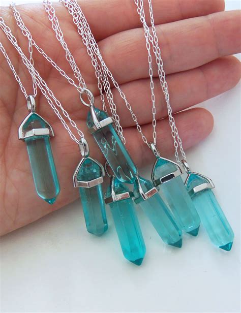 Light Blue Crystal Necklace Hexagonal Crystal Point Pointed Crystal