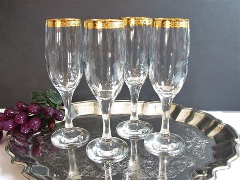 Vintage Champagne Flutes Gold Band Rimmed Toasting Glasses Etsy