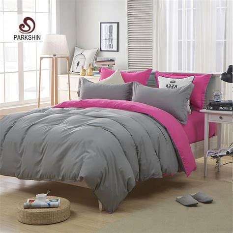 Parkshin Gray Pink Solid Color Bedding Set Comforter Double Duvet Cover