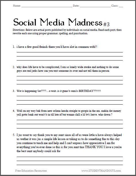 social media madness worksheet     humorous  practical