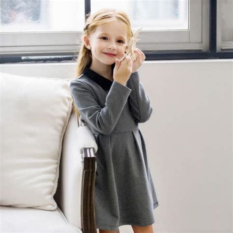 You start as a child and you. Spring Autumn Cute Children Girls Dress Peter Pan Collar Grey Color Knee-Length Dress For ...