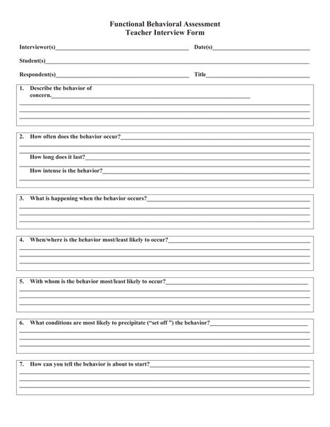 Functional Behavioral Assessment Teacher Interview Form Fill Out