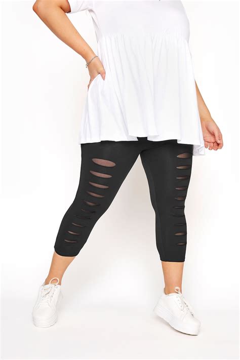 Plus Size Yours For Good Black Ripped Mesh Insert Cropped Leggings Yours Clothing