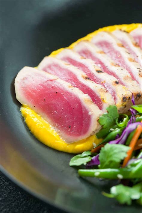 Butter and season the tuna. Seared Ahi Tuna with Crispy Sesame Green Beans | Jessica Gavin