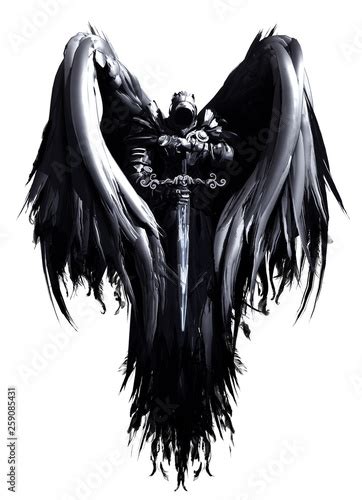 Mystical Angel In Hood And Armor With Big Black Wings And Crystal Sword