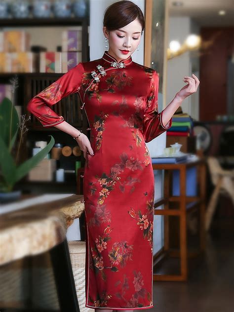 Lace Cheongsam Dresses Floral Print Dress Lace Vintage Dress Qipao Women Chinese