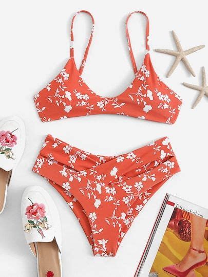 Shop Floral Print Lace Up Back Top With Cut Out Bikini Set Online