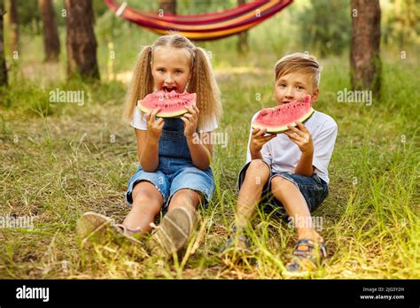 Kids Eating Watermelon In The Park Stock Photo Alamy