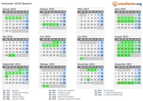 Kalender 2023 Ferien Bayern Feiertage