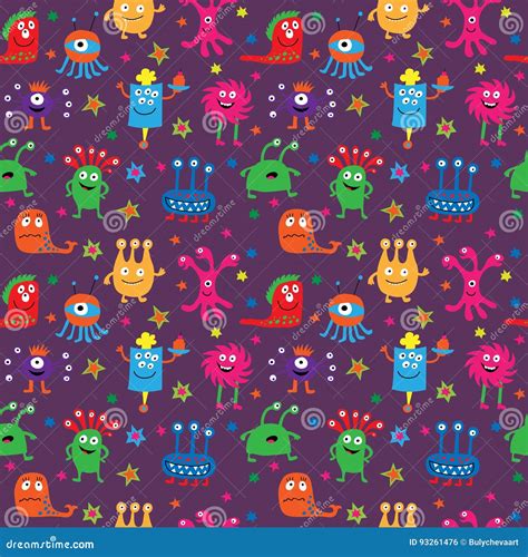 Seamless Pattern With Cute Aliens On A Violet Background Stock Vector