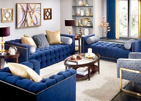 Glamour Navy Blue Living Room Decor Blue Velvet Sofa