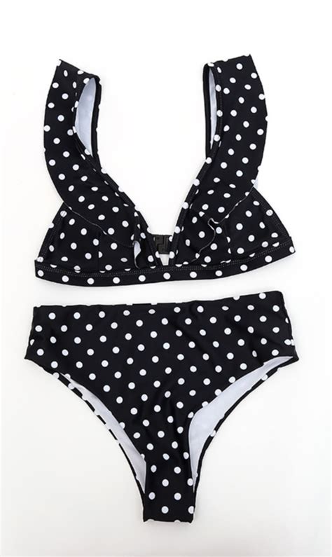 Black Polka Dot Ruffle Bikini Set Ruffled Bikini Bikinis Bikini Set