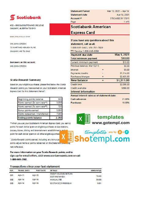 Canada Scotiabank Bank Statement Easy To Fill Template In Excel And Pdf