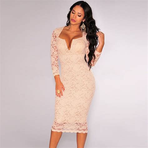 Bodycon Midi Dress 2016 Nude Lace Long Sleeves Plunging V Neck Sexy