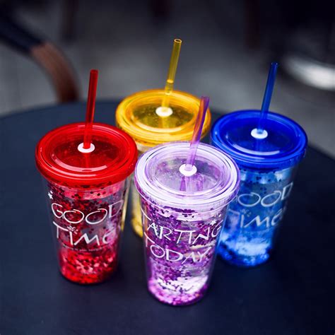 Fashion Blingbling Summer Straw Bottle Creative Good Time Double Plastic Bottle 450ml With A
